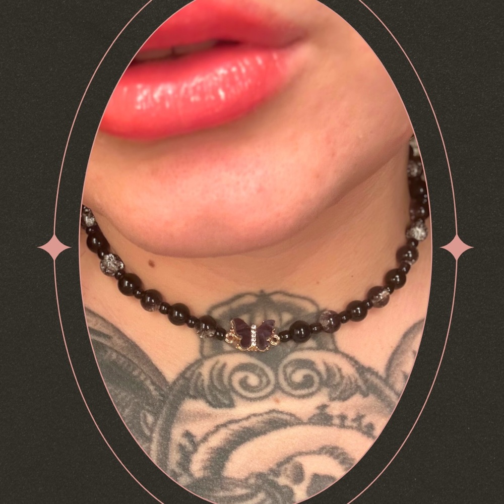 Handmade black butterfly beaded choker